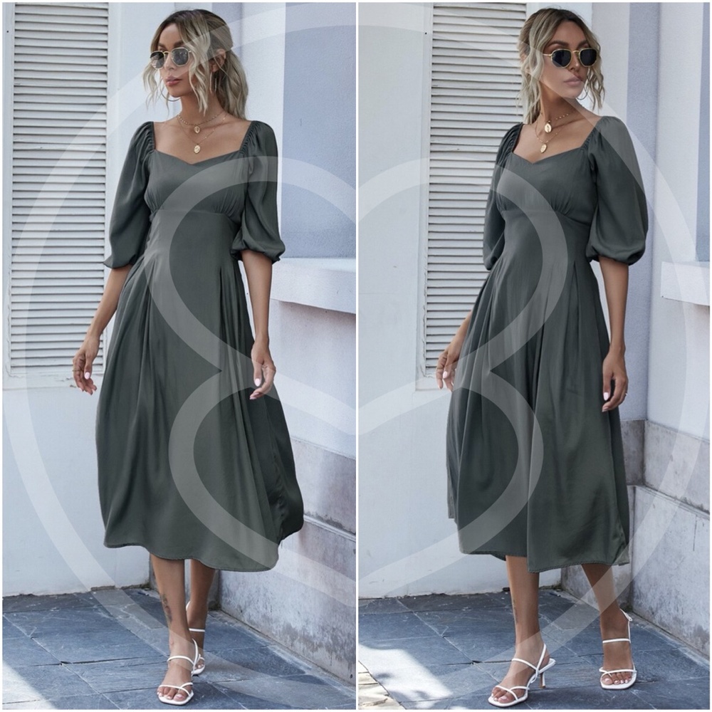 Khaki Sweetheart neck short sleeve midi dress - Picture 4 of 13